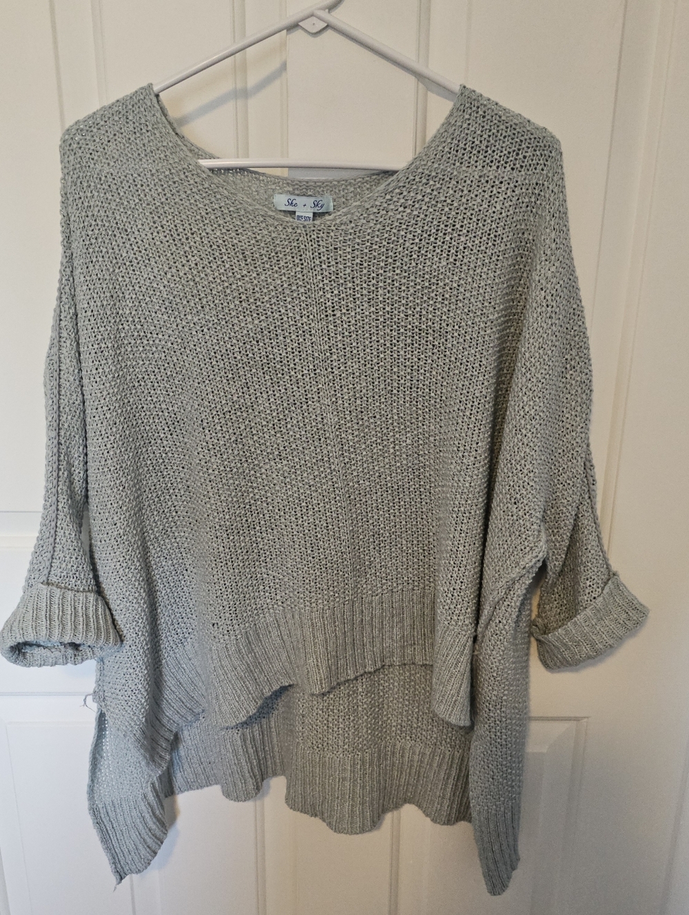 She and Sky Light Gray Open-Knit Scoop Neck Sweater